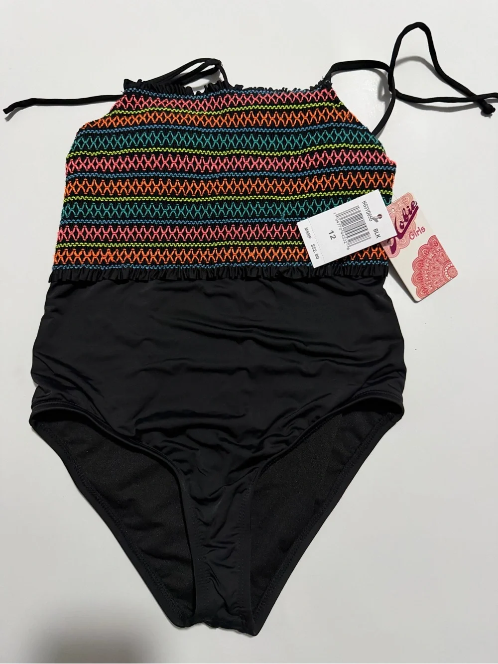 Hobie Girls Black One-Piece Swimsuit with Multicolor Zigzag Top